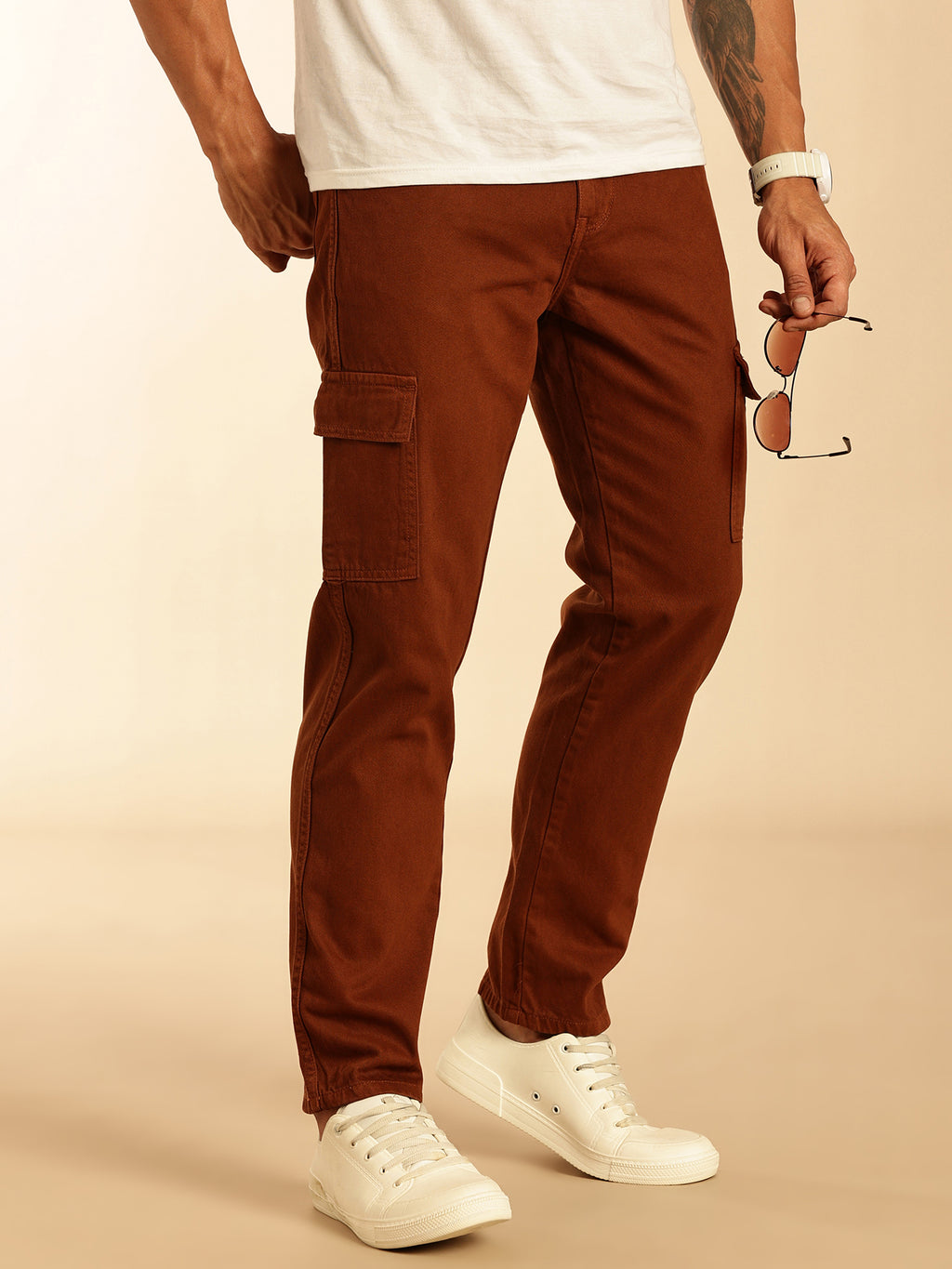 Thomas Scott Men Dark Brown Loose Fit Mid-Rise Non Stretchable Cargo Jeans