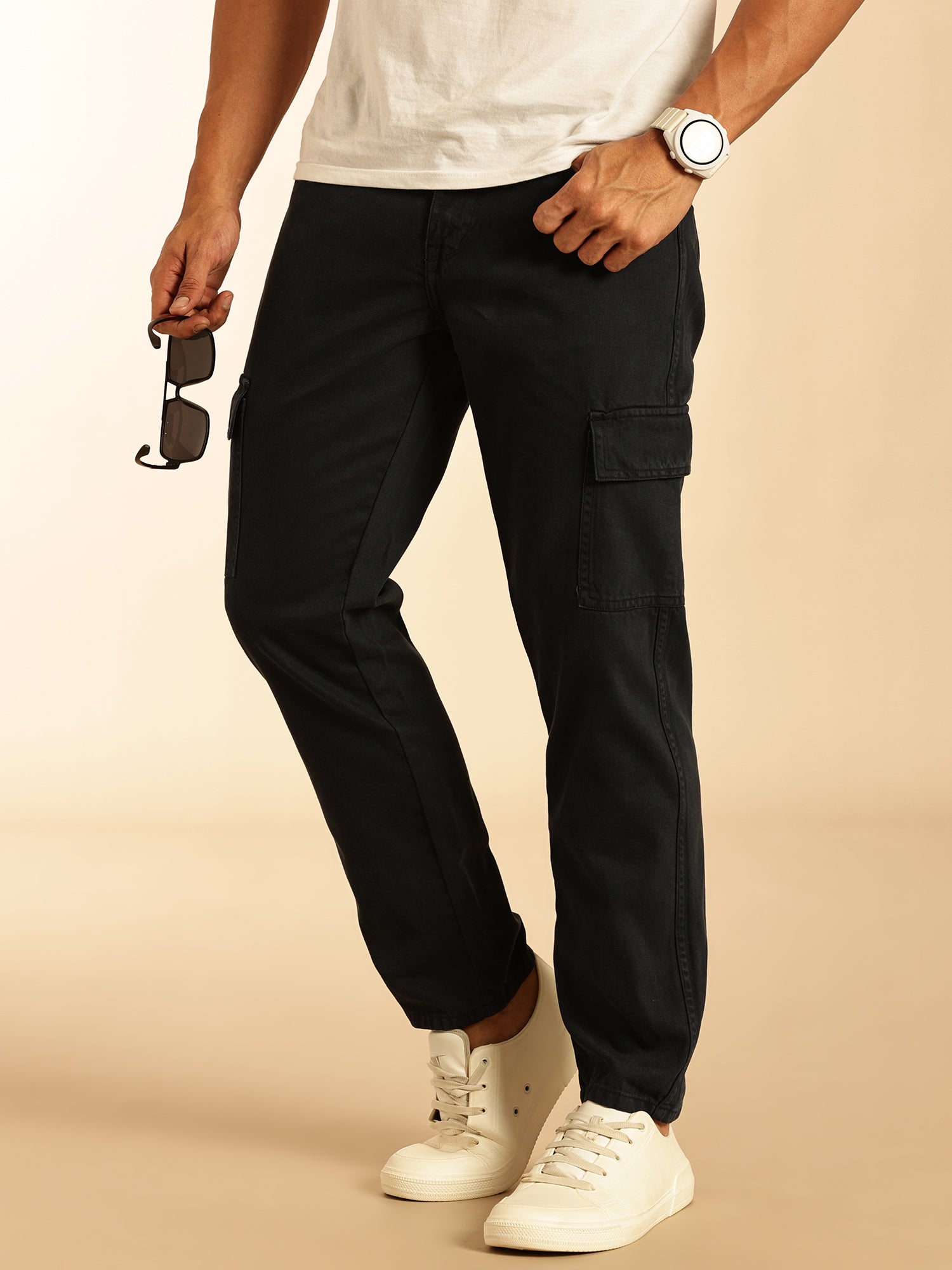 Thomas Scott Men Navy Blue Loose Fit Mid-Rise Non Stretchable Cargo Jeans