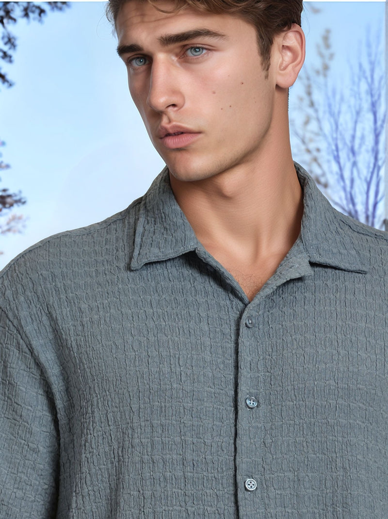 Thomas Scott Men Blue Regular Fit Short Sleeves Cuban Collar Seersucker Shirt