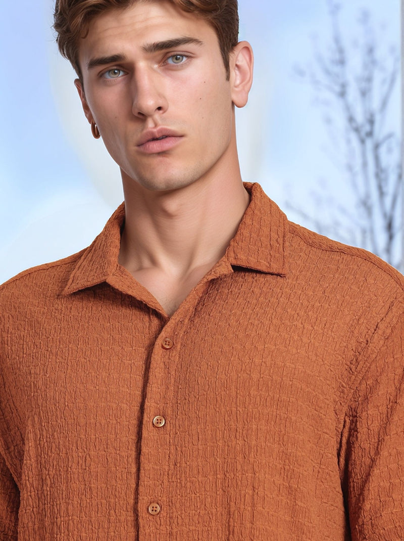 Thomas Scott Men Brown Regular Fit Short Sleeves Cuban Collar Seersucker Shirt