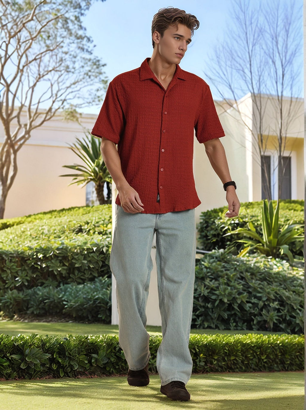 Thomas Scott Men Rust Regular Fit Short Sleeves Cuban Collar Seersucker Shirt