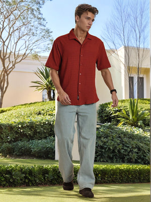 Thomas Scott Men Rust Regular Fit Short Sleeves Cuban Collar Seersucker Shirt