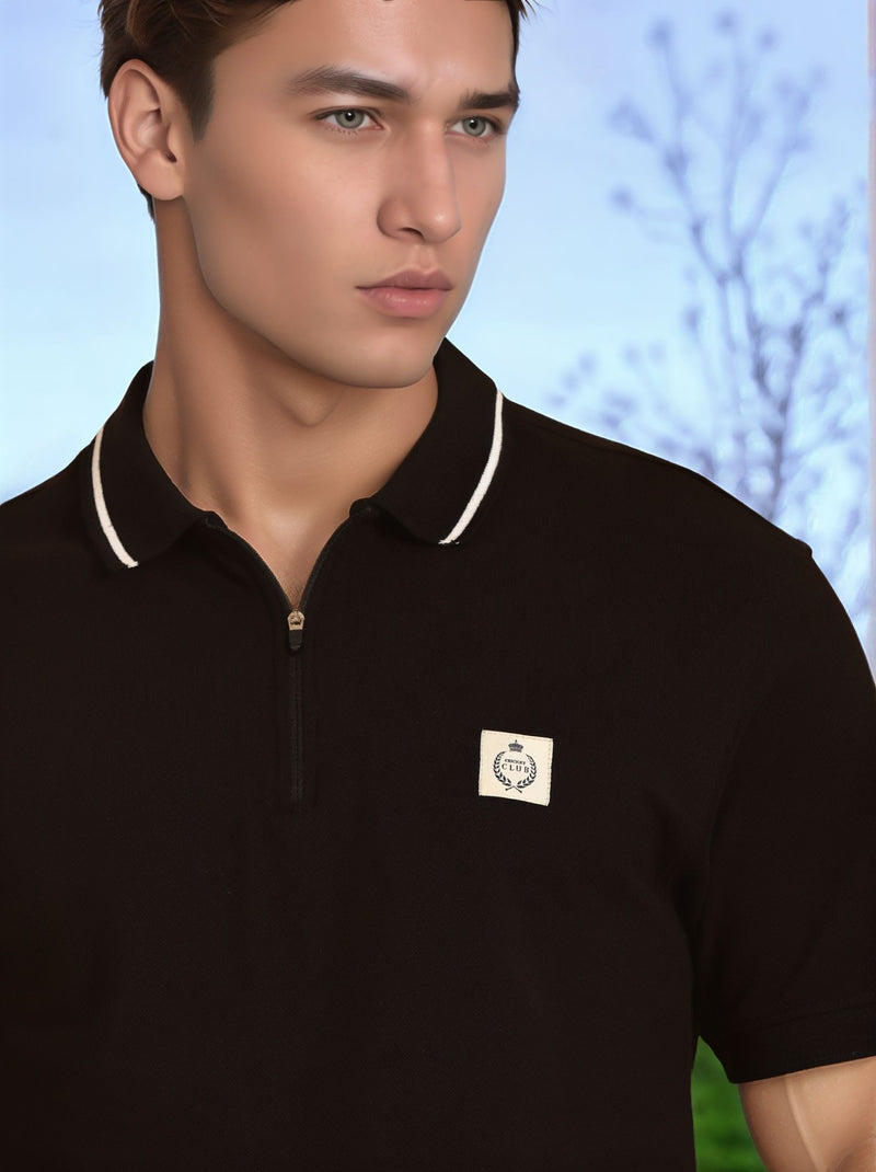 Thomas Scott Men Black Regular Fit Short Sleeves Knitted Polo Collar T-shirt
