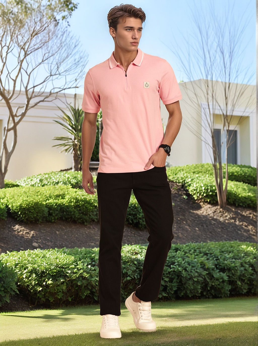 Thomas Scott Men Pink Regular Fit Short Sleeves Knitted Polo Collar T-shirt
