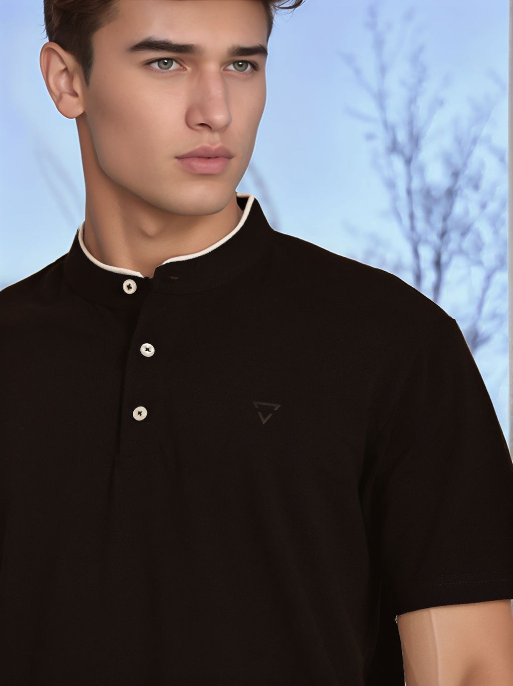Thomas Scott Men Black Regular Fit Short Sleeves Mandarin Collar Knitted Tshirt