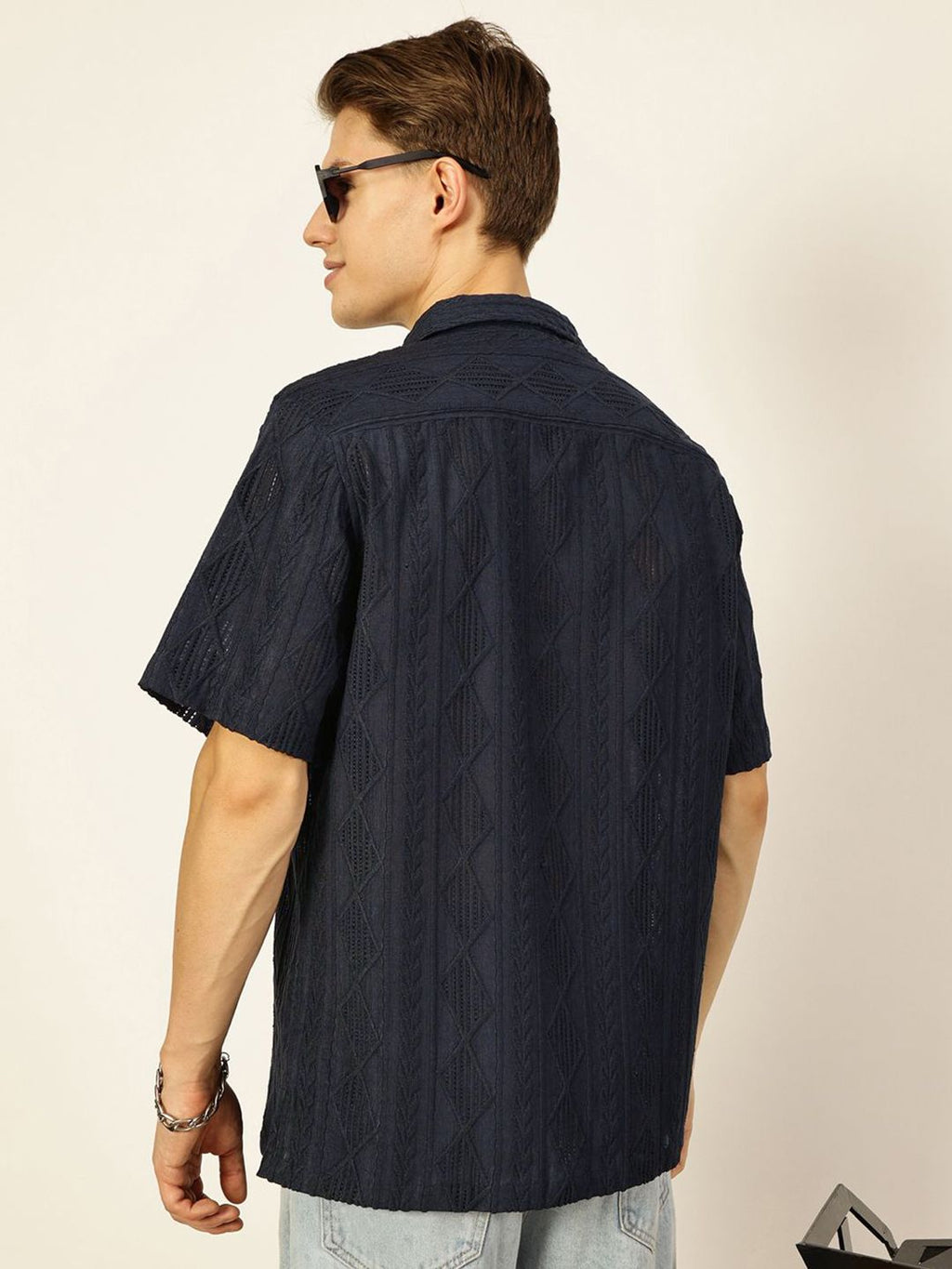 Navy Premium Oversized Short Sleeves Spread Collar Textured Casual Shirt For Men
