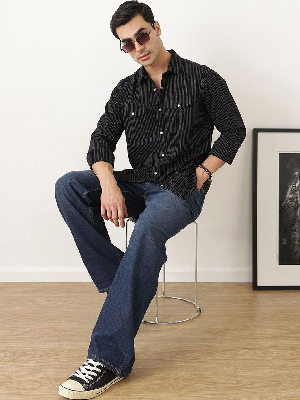 Black Premium Slim Fit Long Sleeves Spread Collar Pinstripes Cotton Linen Casual Shirt For Men