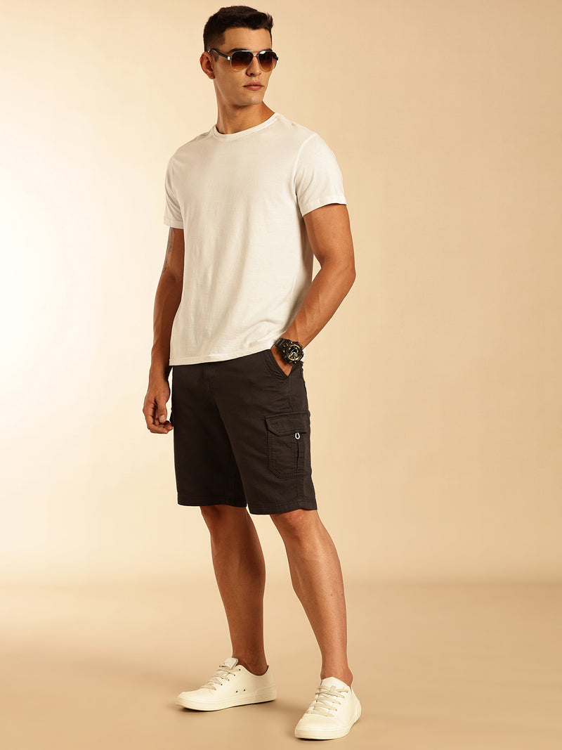 Thomas Scott Men Dark Grey Straight Fit Mid Rise Solid Cargo Shorts