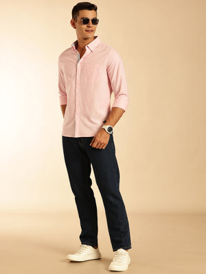 Pink Slim Fit Long Sleeves Button-Down Collar Oxford Casual Shirt For Men