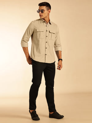 Cream Slim Fit Long Sleeves Corduroy Casual Shirt For Men