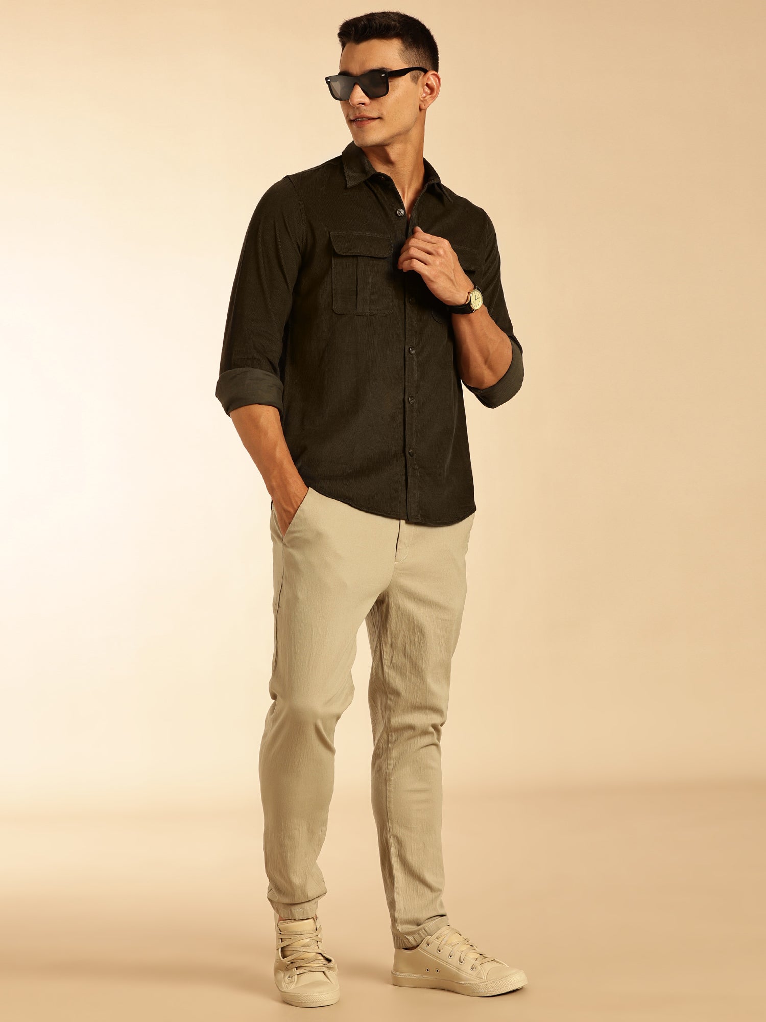 Thomas Scott Men Olive Slim Fit Long Sleeves Corduroy Casual Shirt