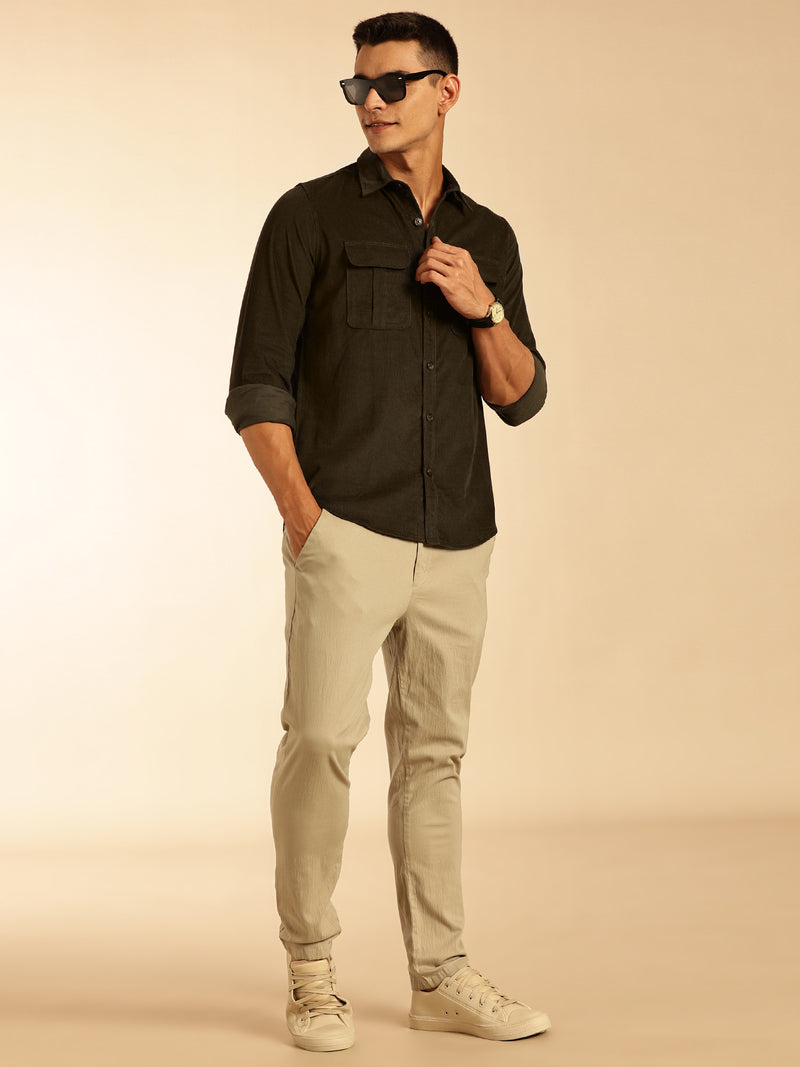 Thomas Scott Men Olive Slim Fit Long Sleeves Corduroy Casual Shirt