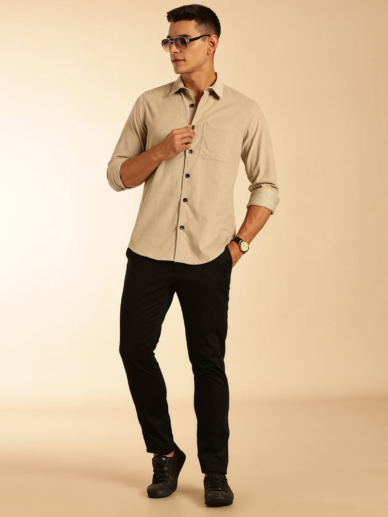 Thomas Scott Men Cream Slim Fit Long Sleeves Corduroy Casual Shirt