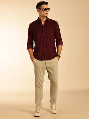 Thomas Scott Men Wine Slim Fit Long Sleeves Corduroy Casual Shirt