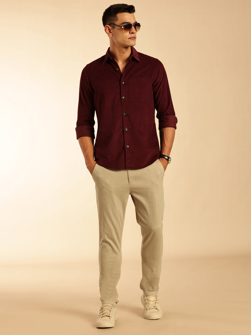 Thomas Scott Men Wine Slim Fit Long Sleeves Corduroy Casual Shirt