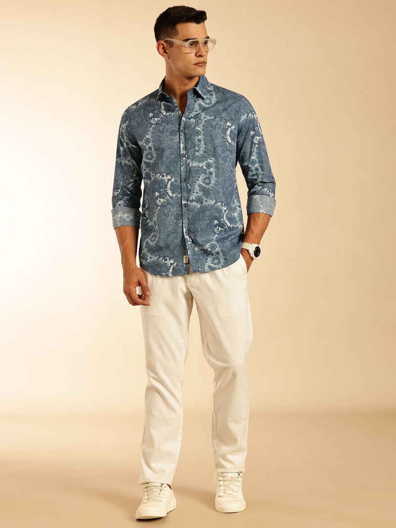 Thomas Scott Men Blue1 Regular Fit Long Sleeves Abstract Printed Pure Cotton Casual Shirt
