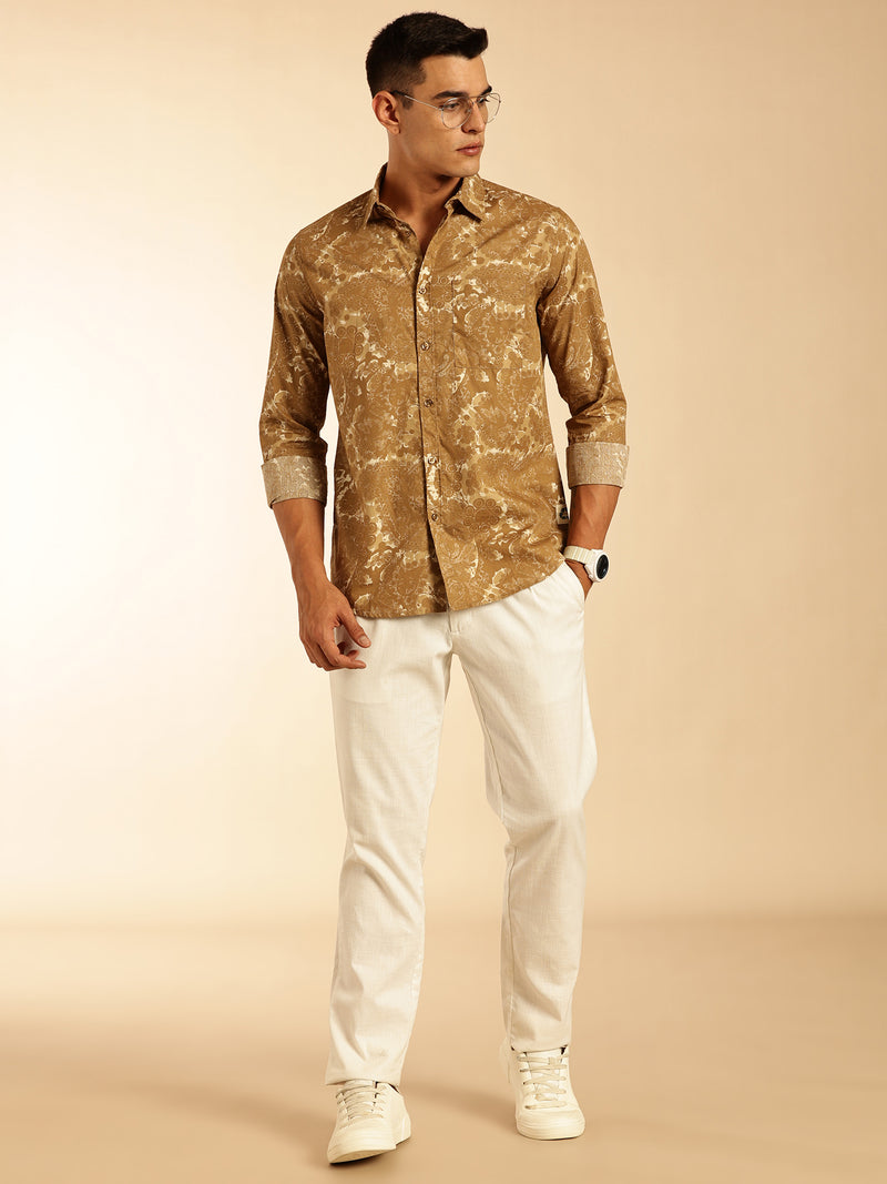 Thomas Scott Men Olive Regular Fit Long Sleeves Abstract Printed Pure Cotton Casual Shirt