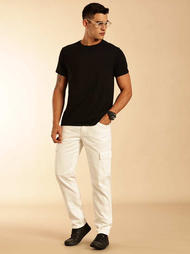 Thomas Scott Men White Loose Fit Mid-Rise Non Stretchable Cargo Jeans