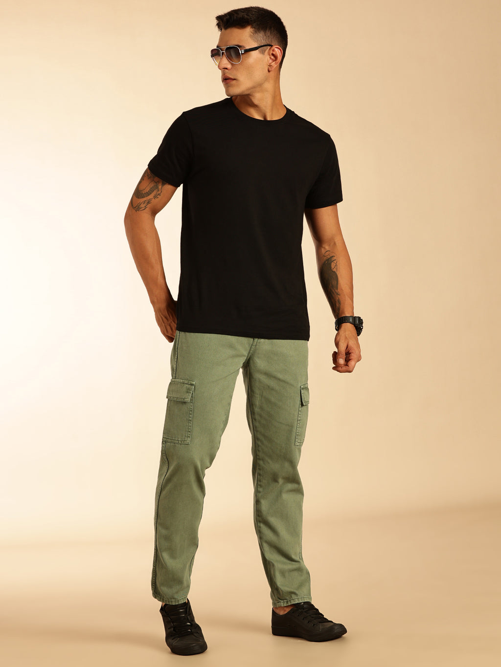 Thomas Scott Men Light Olive Loose Fit Mid-Rise Non Stretchable Cargo Jeans