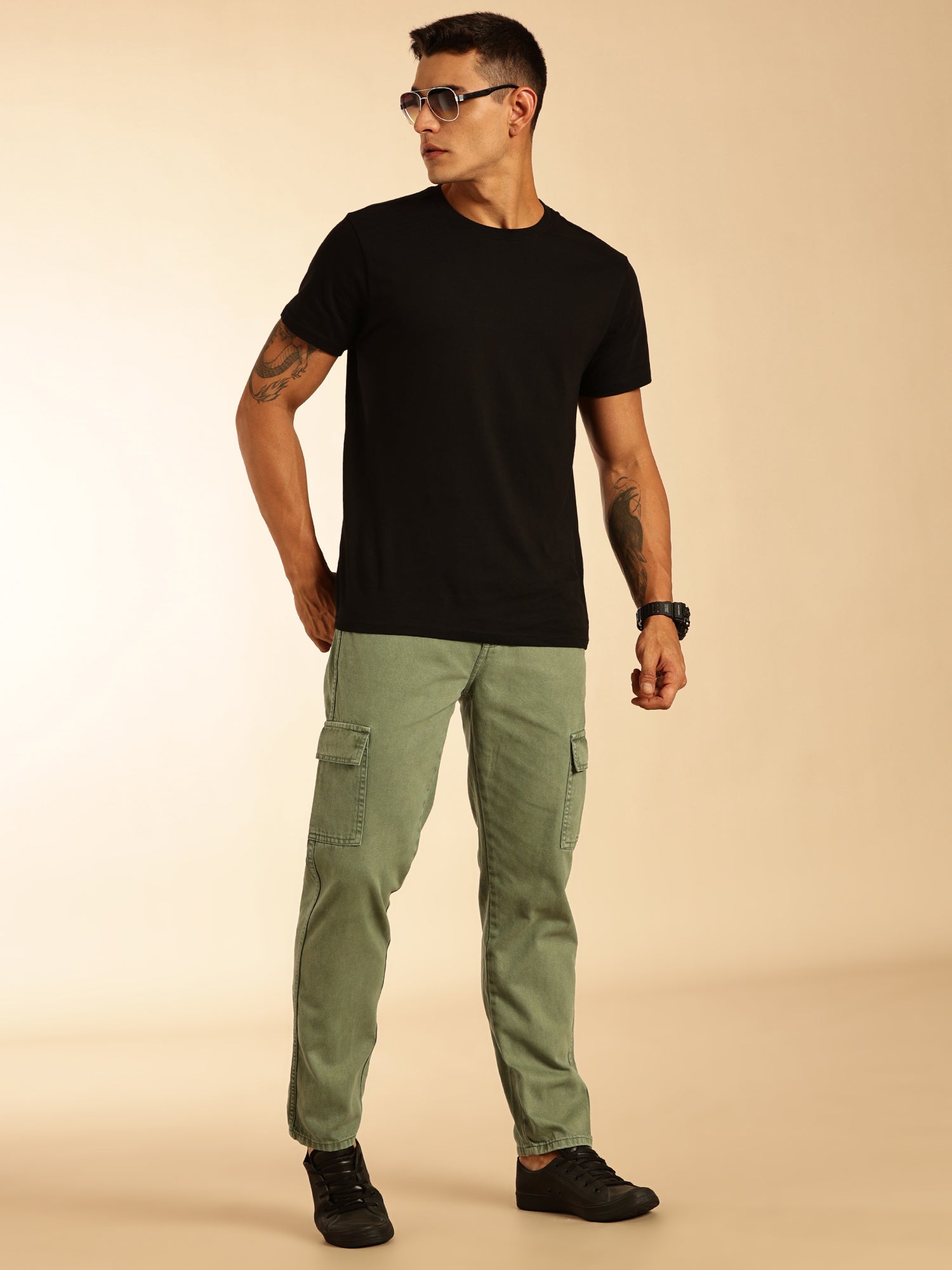 Thomas Scott Men Light Olive Loose Fit Mid-Rise Non Stretchable Cargo Jeans