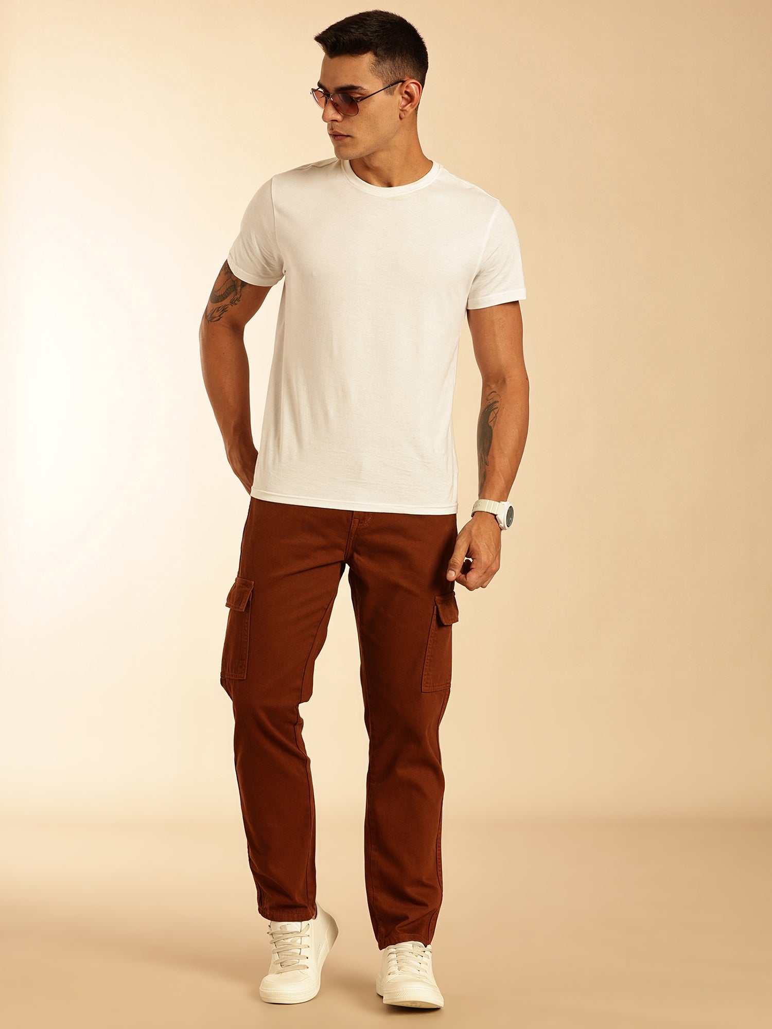 Thomas Scott Men Dark Brown Loose Fit Mid-Rise Non Stretchable Cargo Jeans
