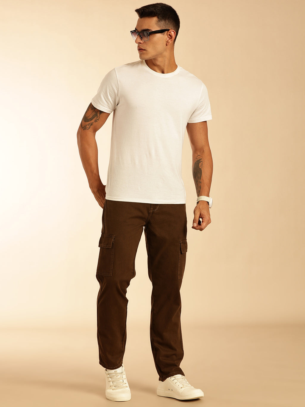 Thomas Scott Men Brown Loose Fit Mid-Rise Non Stretchable Cargo Jeans