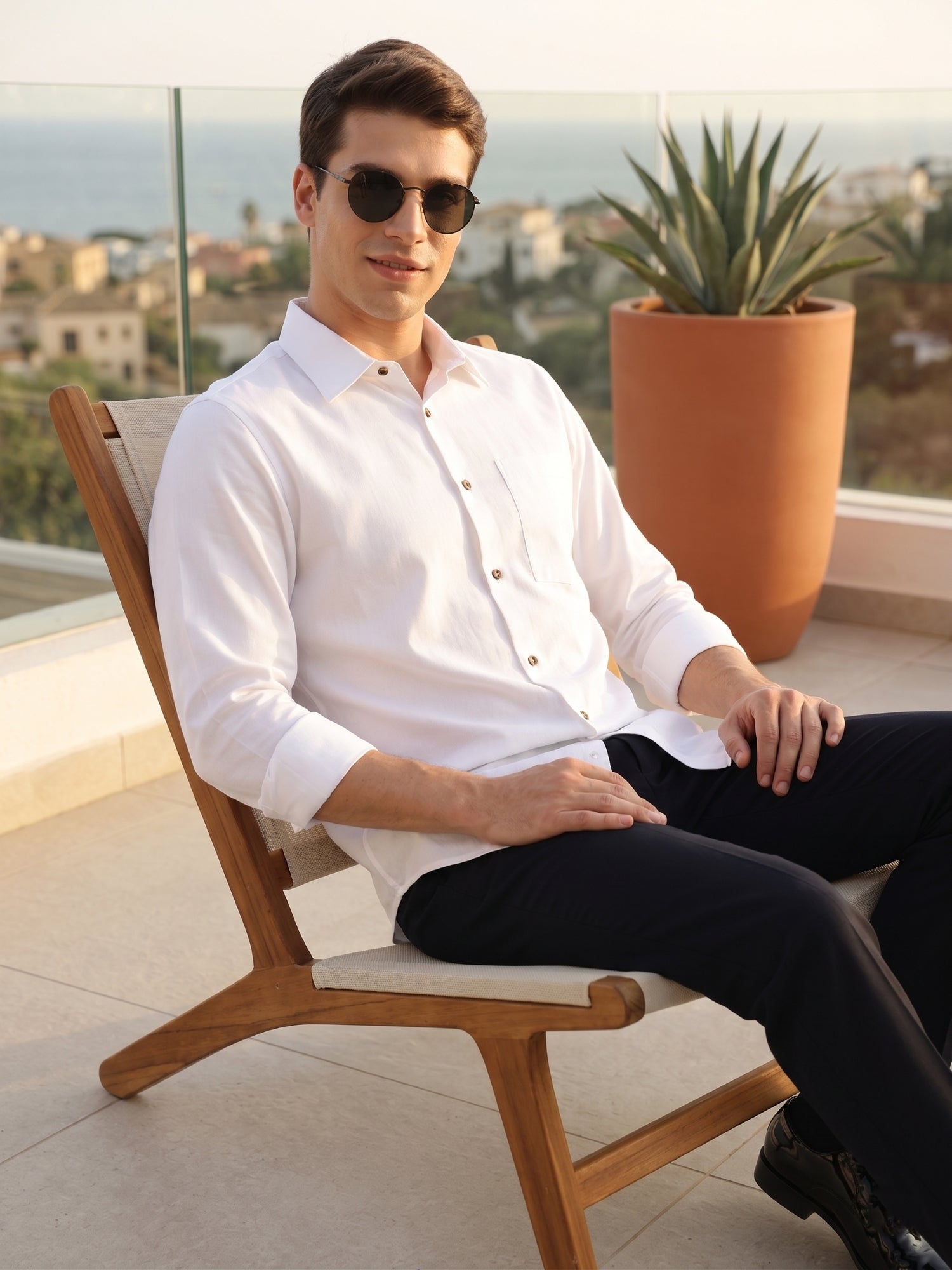 Thomas Scott Men White Premium Regular Fit Long Sleeves Spread Collar Textured 100% Cotton Casual Shirt