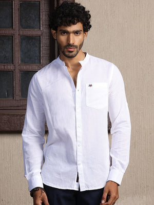 White Mandarin Collar Long Sleeves Premium Cotton Linen Slim Fit Casual Shirt For Men