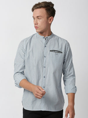 Sky Blue Long Sleeves Regular Fit Pinsriped Cotton Linen Mandarin Collar Casual Shirt