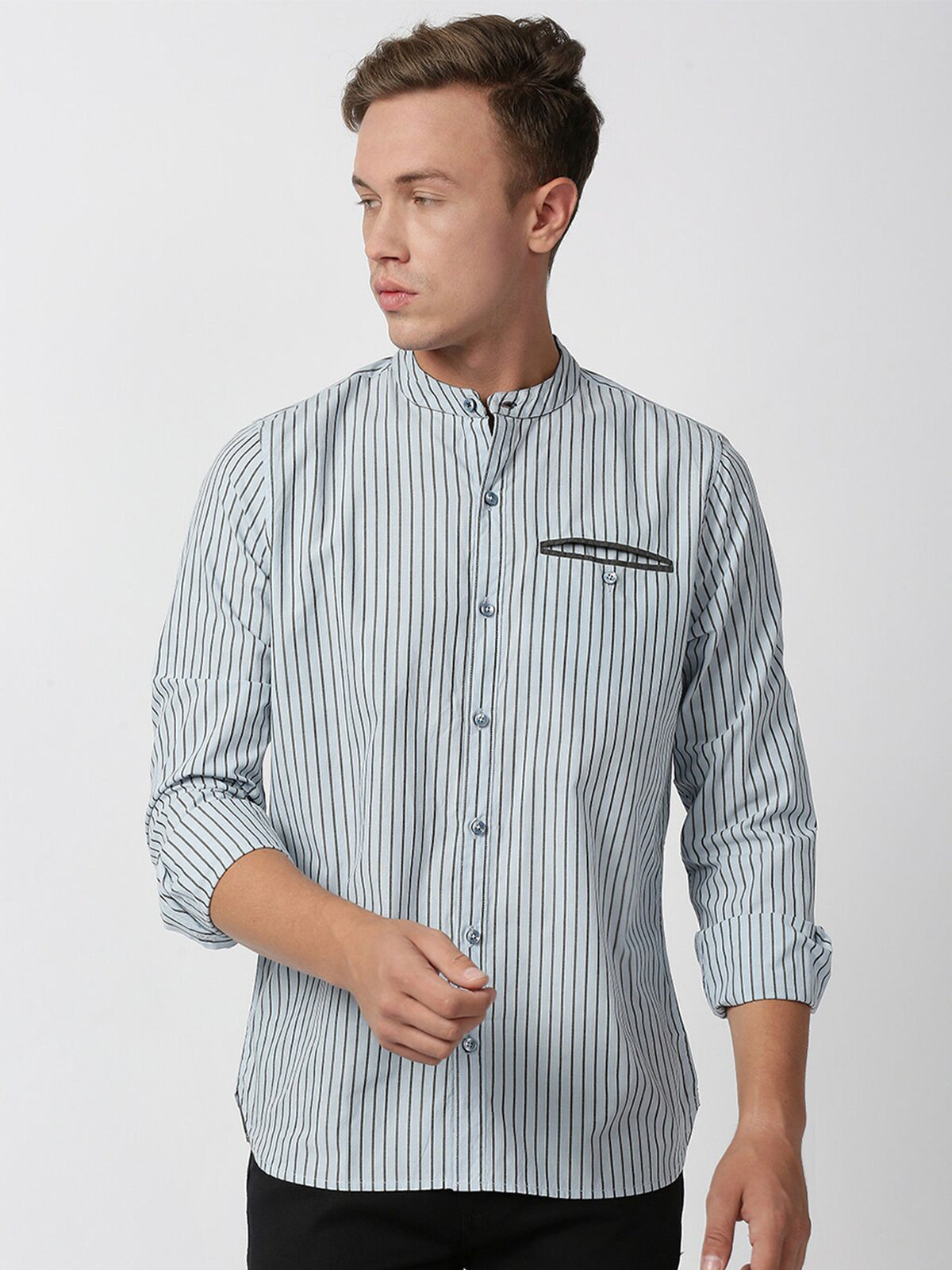 Sky Blue Long Sleeves Regular Fit Pinsriped Cotton Linen Mandarin Collar Casual Shirt
