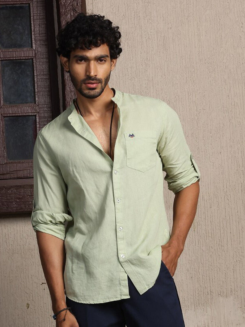 Pista Premium Cotton Linen Mandarin Collar Slim Fit Opaque Casual Shirt For Men