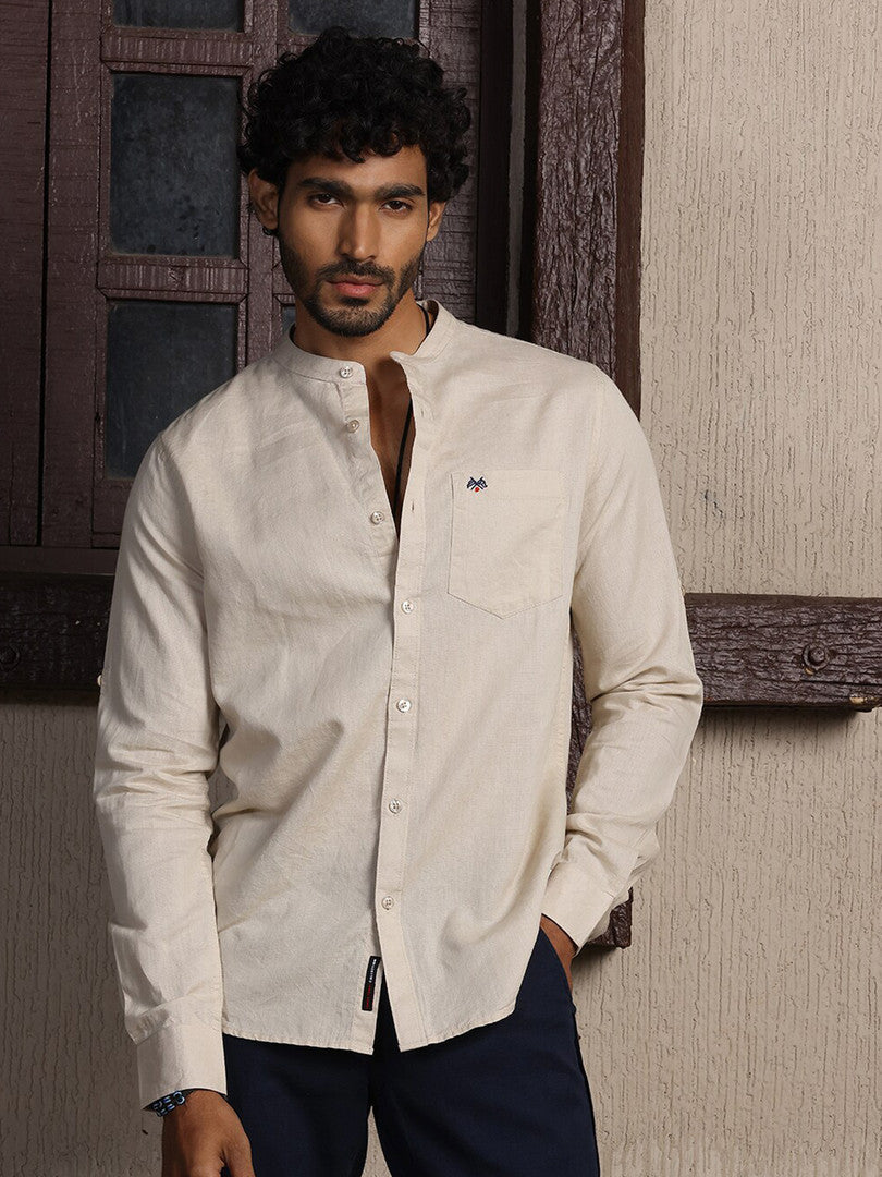 Beige Premium Cotton Linen Slim Fit Opaque Casual Shirt For Men