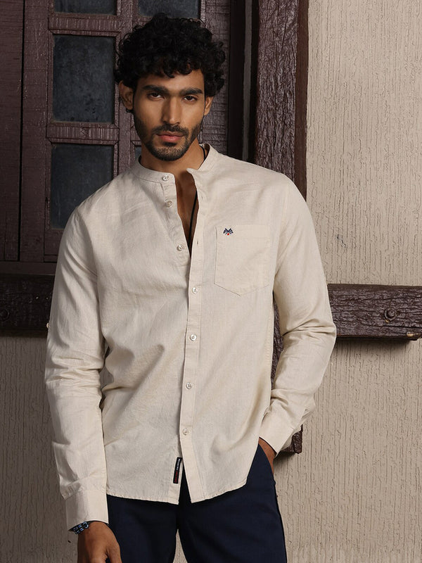 Beige Premium Cotton Linen Slim Fit Opaque Casual Shirt For Men
