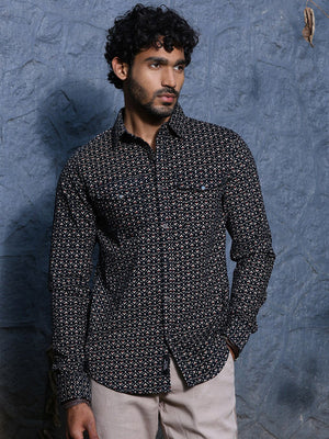 Navy Spread Collar Long Sleeves Premium Slim Fit Cotton Printed Casual Shirt For Men