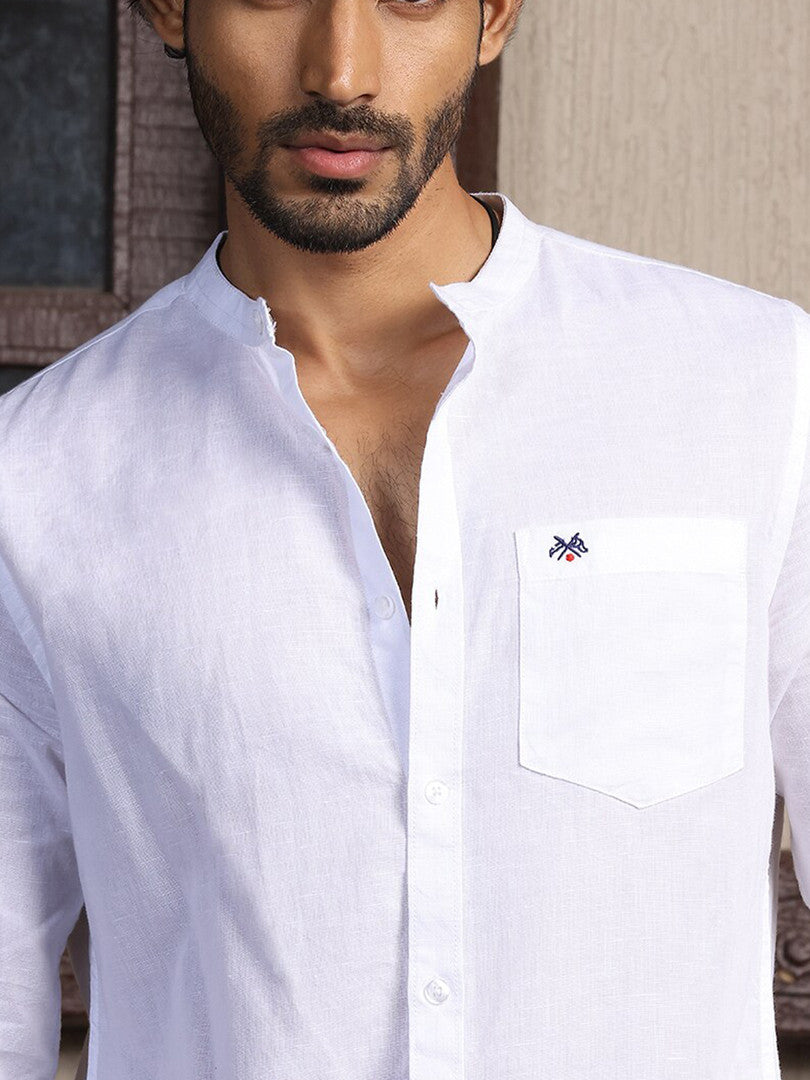White Mandarin Collar Long Sleeves Premium Cotton Linen Slim Fit Casual Shirt For Men