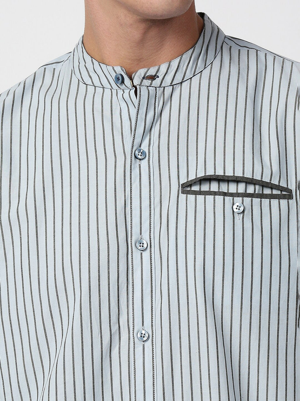 Sky Blue Long Sleeves Regular Fit Pinsriped Cotton Linen Mandarin Collar Casual Shirt