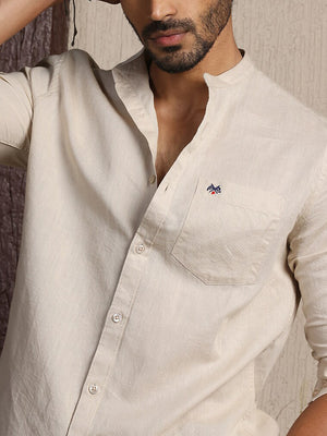 Beige Premium Cotton Linen Slim Fit Opaque Casual Shirt For Men