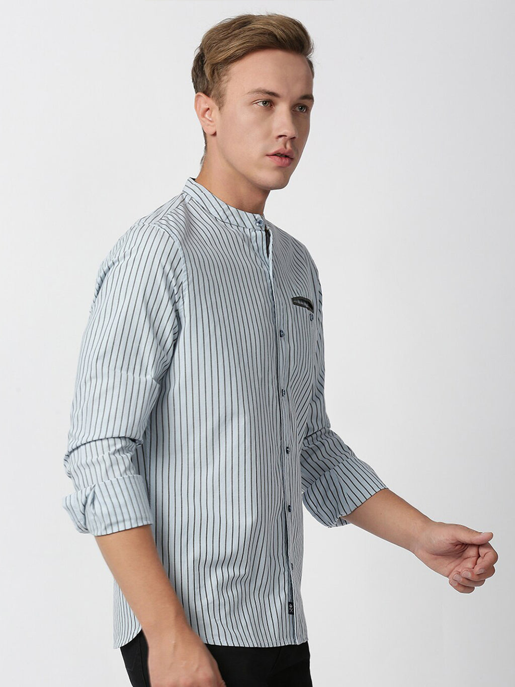 Sky Blue Long Sleeves Regular Fit Pinsriped Cotton Linen Mandarin Collar Casual Shirt