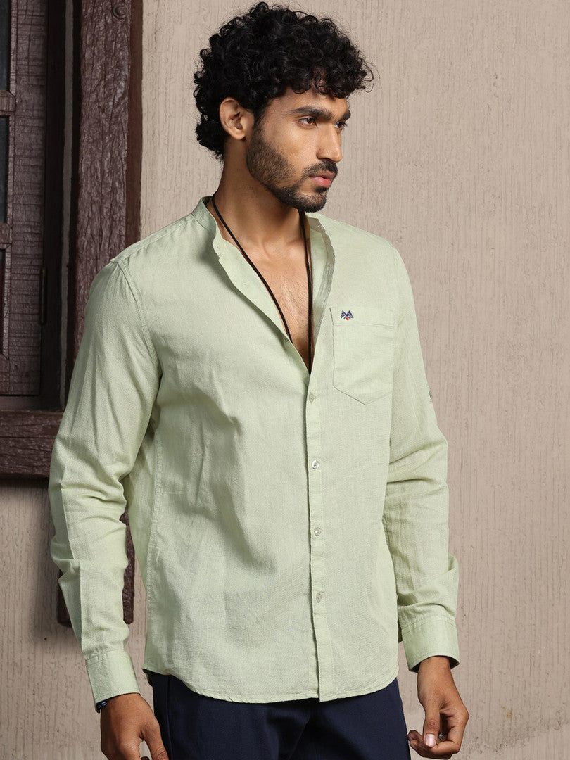 Pista Premium Cotton Linen Mandarin Collar Slim Fit Opaque Casual Shirt For Men