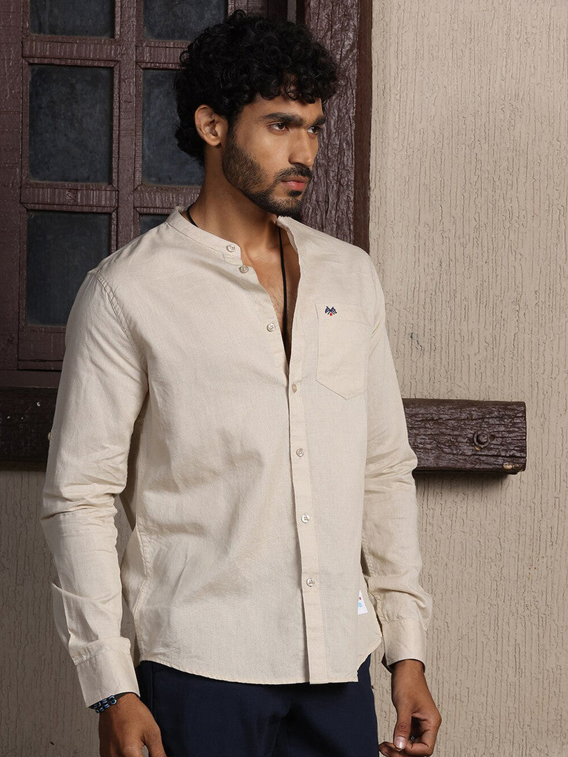 Beige Premium Cotton Linen Slim Fit Opaque Casual Shirt For Men