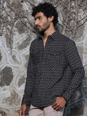 Navy Spread Collar Long Sleeves Premium Slim Fit Cotton Printed Casual Shirt For Men