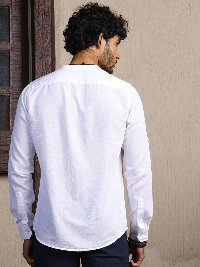 White Mandarin Collar Long Sleeves Premium Cotton Linen Slim Fit Casual Shirt For Men