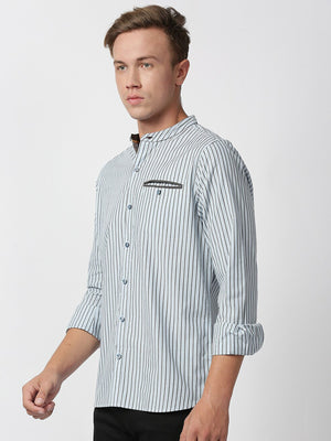 Sky Blue Long Sleeves Regular Fit Pinsriped Cotton Linen Mandarin Collar Casual Shirt