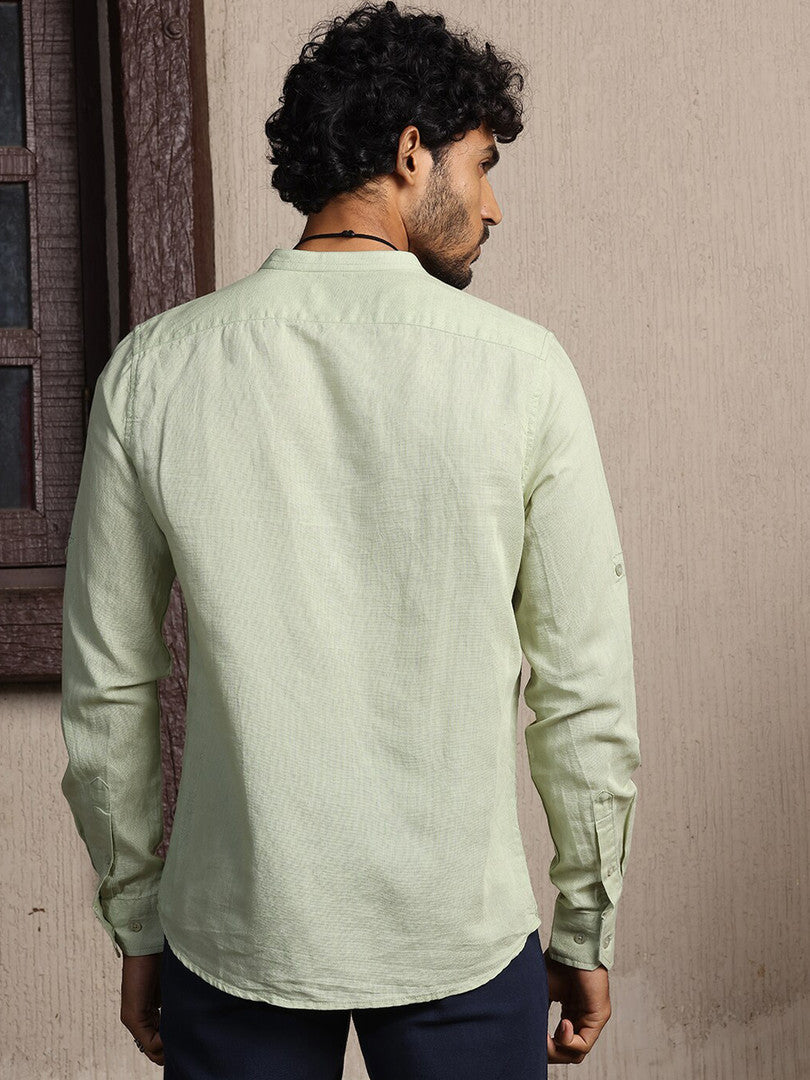 Pista Premium Cotton Linen Mandarin Collar Slim Fit Opaque Casual Shirt For Men
