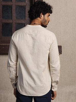 Beige Premium Cotton Linen Slim Fit Opaque Casual Shirt For Men