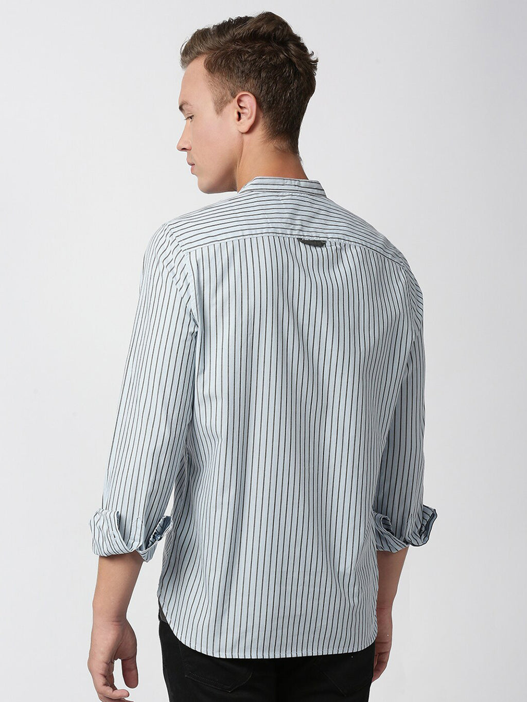 Sky Blue Long Sleeves Regular Fit Pinsriped Cotton Linen Mandarin Collar Casual Shirt