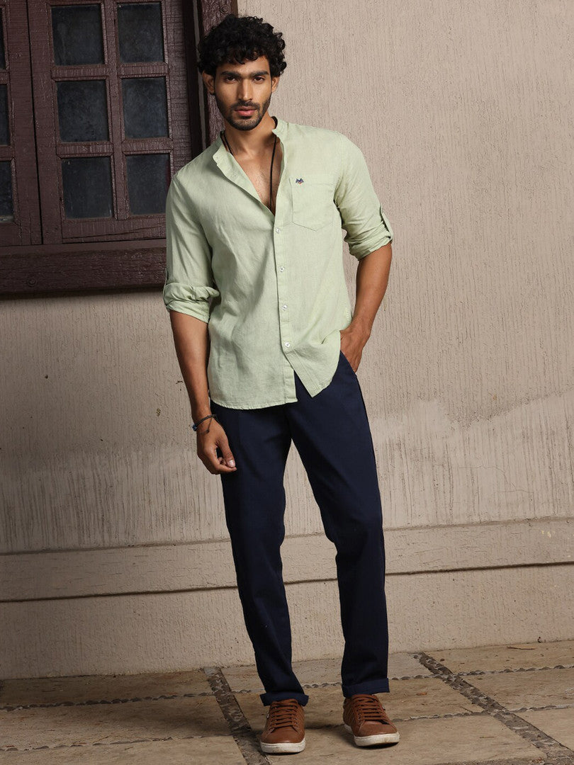 Pista Premium Cotton Linen Mandarin Collar Slim Fit Opaque Casual Shirt For Men