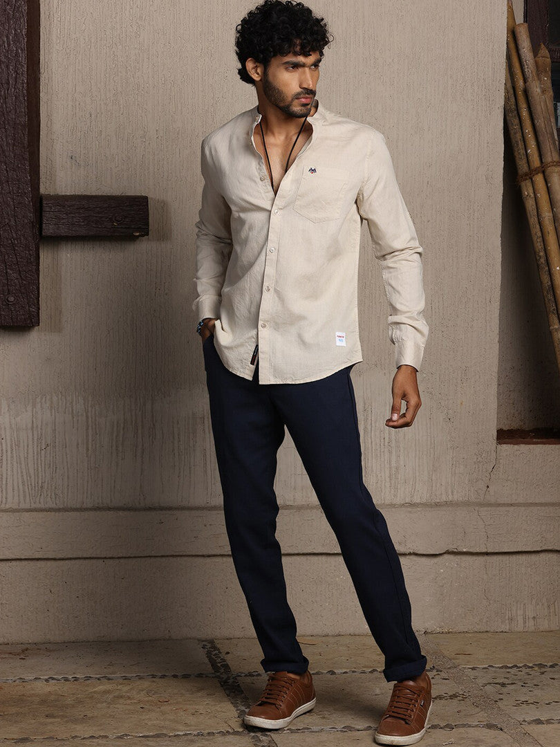 Beige Premium Cotton Linen Slim Fit Opaque Casual Shirt For Men