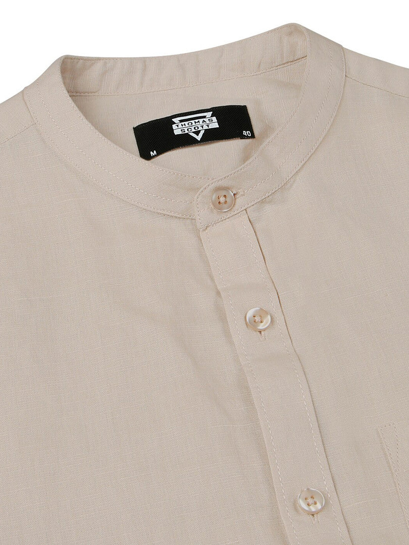 Beige Premium Cotton Linen Slim Fit Opaque Casual Shirt For Men