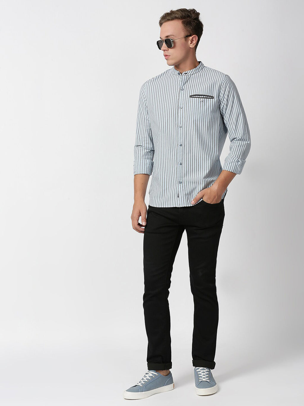 Sky Blue Long Sleeves Regular Fit Pinsriped Cotton Linen Mandarin Collar Casual Shirt